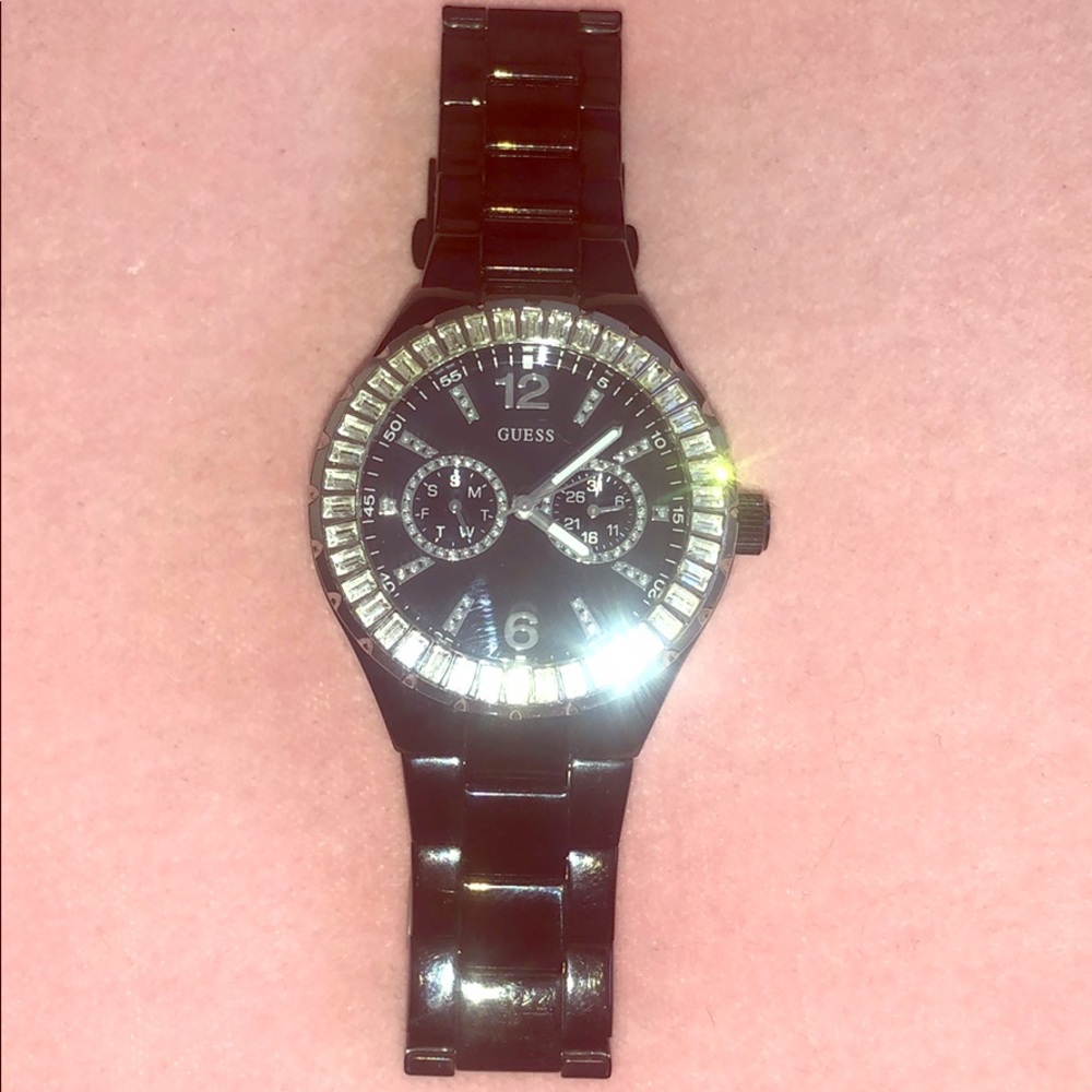 Black ceramic style Guess watch with baguettes